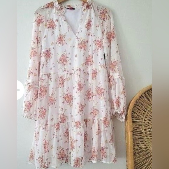Vince Camuto Ivory/Pink/Gold Floral Lightweight Dress Women's LARGE - Picture 3 of 8